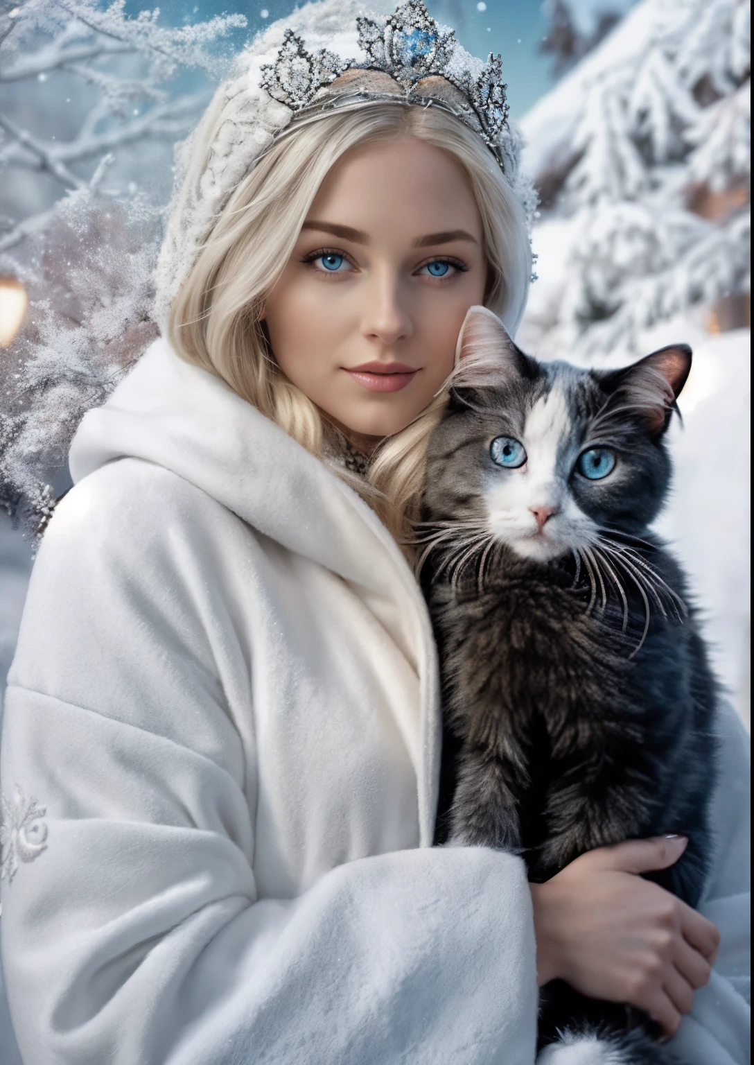 A gorgeous European blonde woman, she's a men's magazine model, flirts with camera, in a white coat holding a dark grey ragdoll cat in her arms, goddess of winter, queen of winter, graphic artist magali villeneuve, inspired by Magali Villeneuve, karol bak uhd, beautiful digital artwork, winter princess, dark grey ragdoll cat