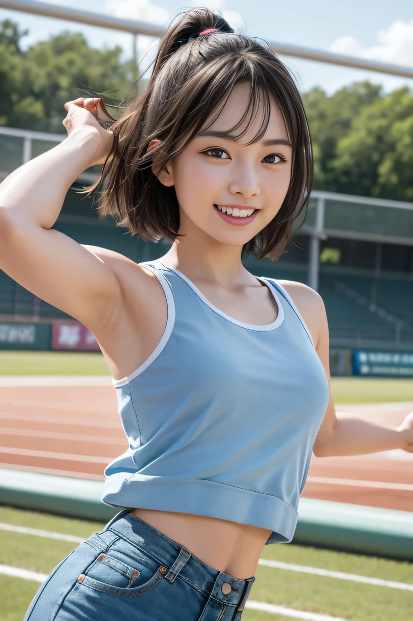 (girl with:1.3), poneyTail, Amazing face and eyes, stares at the camera,Smile full of joy, show teeth, Show the armpits, Jump high, dynamicposes, Vibrant poses,（Blue sportswear:1.2)、Wear sneakers:1.4, extremely detailed CG unified 8k wallpaper, Highly detailed, High-definition raw color photos, professional photograpy,face forwards,Photographed at the athletics stadium, girl withのセクシーなポートレート