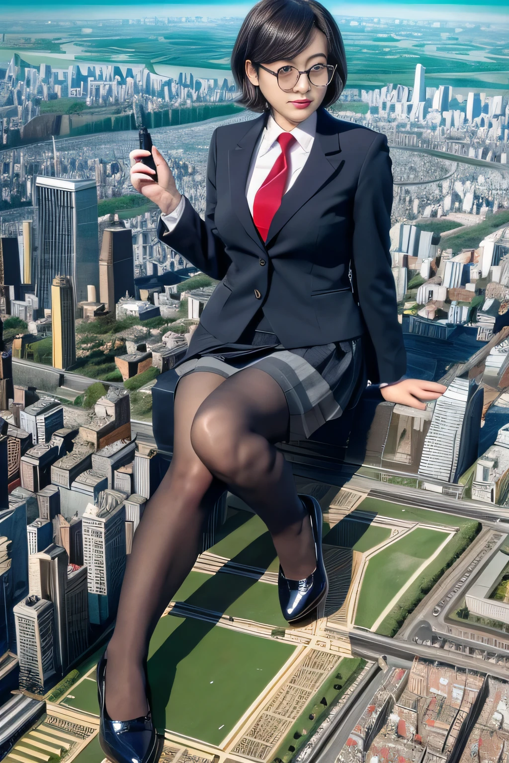 der riese art, a hyperrealistic schoolgirl, 非常に詳細なder rieseショット, der riese, Shorthair, Black pantyhose, Giant high school girl that exceeds a skyscraper, Wearing rimless glasses, Colossal tits, Navy blue blazer, Red tie, Mini Length Skirt, Black pantyhose, Pantyhose sole, Pantyhose Toe, hands off shoes, very small metropolis, Trying to destroy a miniature metropolis, Full body depiction, nffsw, giga der riese, der riese, Black pantyhose, Pantyhose legs, Pantyhose sole, Stomping City, crash city, Small town, micro city,