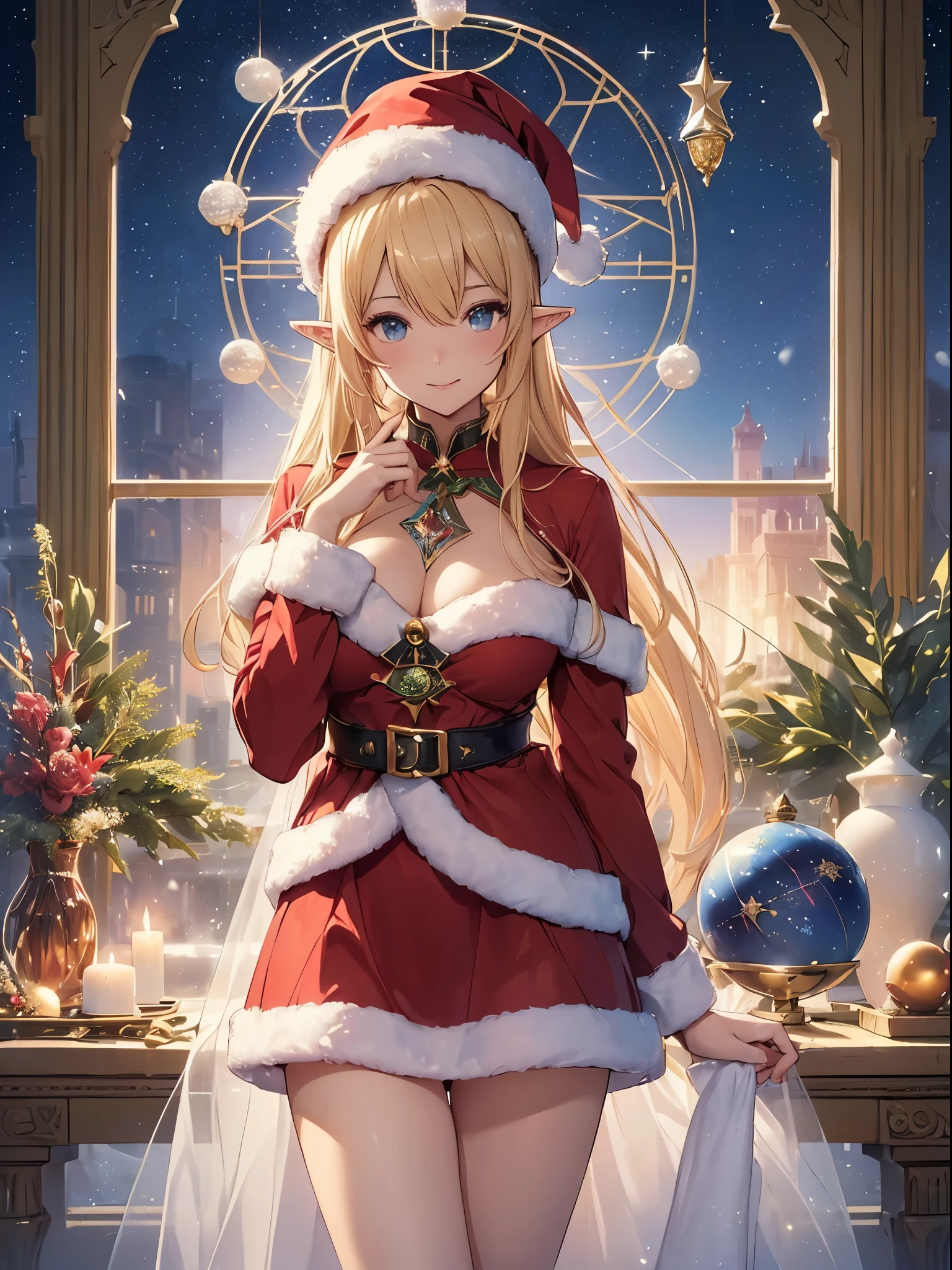top-quality、Top image quality、masterpiece、Super beautiful elf beauty((24 year old、Red Santa Costume、Santa Hat、Best Bust、big bast、Bust 90,beautiful blue long ironed hair、a blond、globe、A A sexyは、A slender、a closeup、Esbian、hiquality、Beautiful Art、Background with((starrysky)))masutepiece、visualart、depth of fields、low angle of night sky、、Elven ears、、light magic、Space Knight、harp melody🎵、Happy smile、Gentle light、、Beautiful legs that are gentle on the skin、、、Number of fingers to achieve precise finger movements、ティッカーBeautiful decoration、elegent、Mystical field under the flower garden、Marble pillars, beautiful dressy、winter snow scene on the window、、たくさんのChristmasプレゼント、Temple of Time、marble interior、Renaissance painting、byzantine art、art noveau、Great watch、hour glass、sundial、NSFW.A sexy、Christmas、Beautiful decorationの巨大なChristmasツリー、Beautiful decoration、Christmasパーティー、