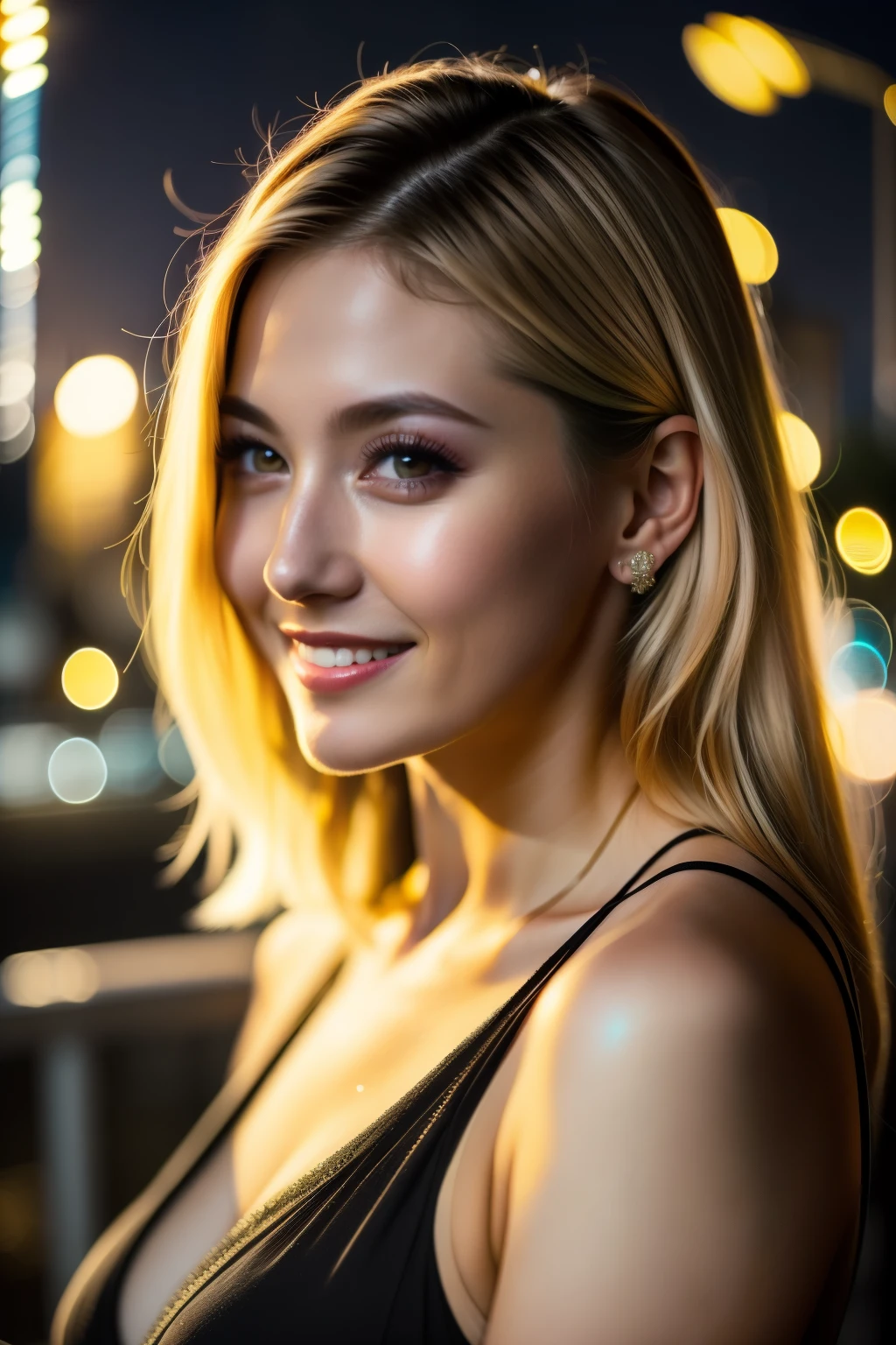 masutepiece, Best Quality, Photorealsitic, Portrait photo of young woman, laught, beautiful blond hair, The background is a night view of the city, Back lighting, Cinematic, insane detail, intricate detailes, Highlight Lighting, foco nítido, Bokeh, Dramatic light, Neutral colors, huge-breasted