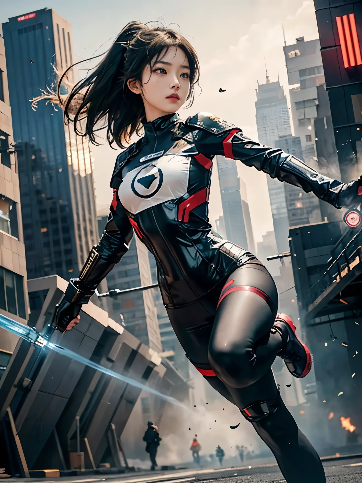 (1girl in:1.3), Solo, (((Very detailed face)))), ((Very detailed eyes and face)))), Beautiful detail eyes, Body parts__, Official art, Unified 8K Wallpaper, Beautiful and beautiful, Beautiful, masutepiece, Best Quality, Original, masutepiece, Super Fine Photo, Best Quality, 超A high resolution, Realistic realism, Sunlight, Full body portrait, Amazing beauty, Dynamic Pose, Delicate face, (Bright eyes when viewed from the front), She wears a combat suit, One-point color scheme of black and red, women military uniform, Very detailed abandoned warehouse background, Detailed face, Detailed complex busy background, Messy, Gorgeous, Milky White, highly detailedskin, Realistic skin details, Visible Pore, Clear focus, Volumetric fog, 8K UHD, High quality, Film grain, Fair skin, photorealisim, Lomography, futuristic dystopian giant metropolis, Explosion smoke,emergency siren,in battle with the enemy,tense look,Tense situation,Combat helicopter,Well-formed beauty Shishi Face,oriental,Korea person,Super beautiful girl in her teens,Energetic girl,Run through dangerous situations as a rescue worker,strong woman of will,strong woman,former mercenary,Martial arts,obligation: relief operation team leader,Clearing the blue sky,A precious girl who protects the holy war with a pure heart...,Transport the minimum necessary medical equipment,Angle photo from below,Rin, symbol of battle々Shishi Face,kawaii faces,CLC Eugene,Eve Eugene, Commander,being thin,skinny body shape,Lower body is thin,The buttocks are very small,I stand still to take a closer look at my surroundings.,