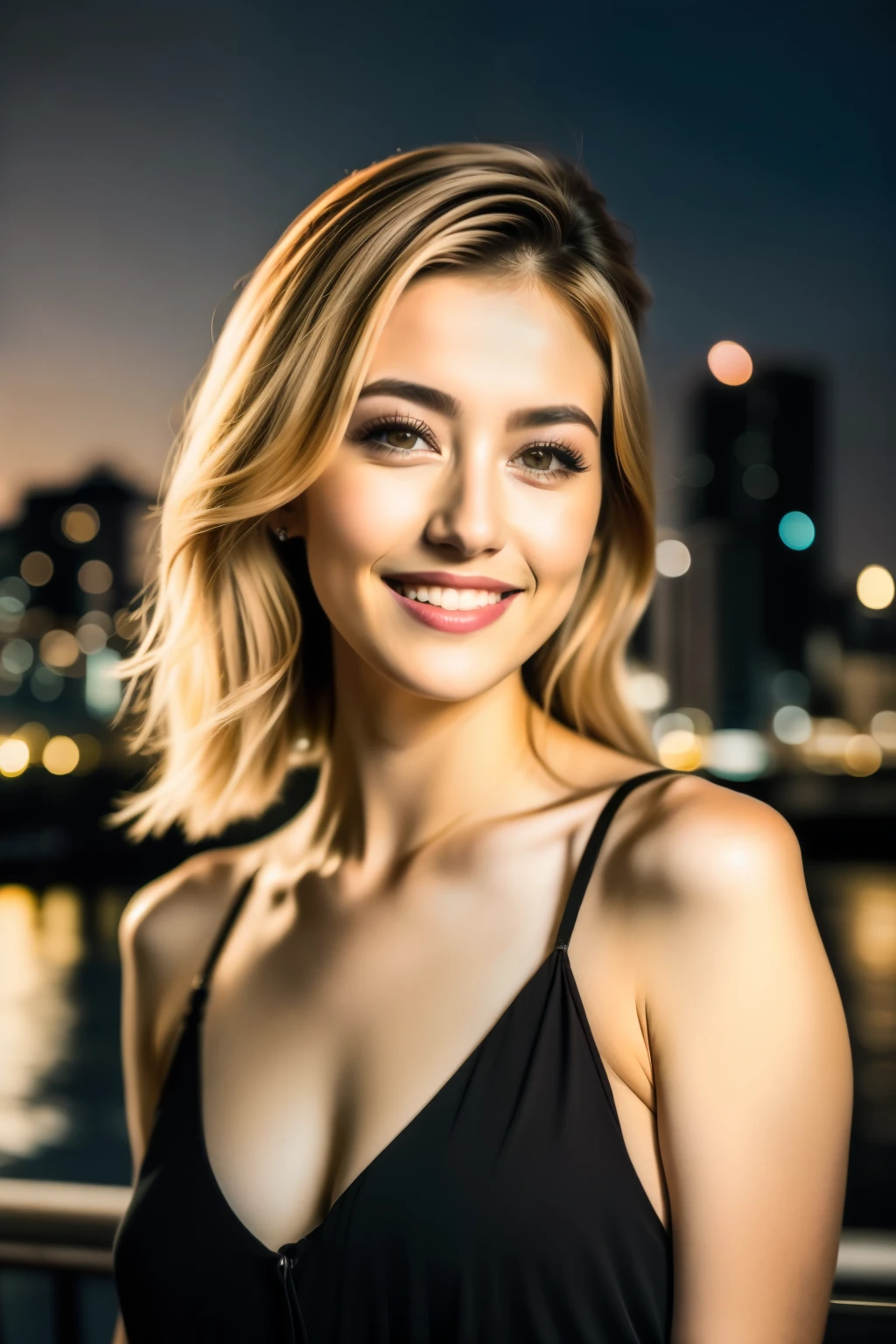 masutepiece, Best Quality, Photorealsitic, Portrait photo of young woman, laught, beautiful blond hair, Facing the front, The background is a night view of the city, Back lighting, Cinematic, insane detail, intricate detailes, Highlight Lighting, foco nítido, Bokeh, Dramatic light, Neutral colors, huge-breasted