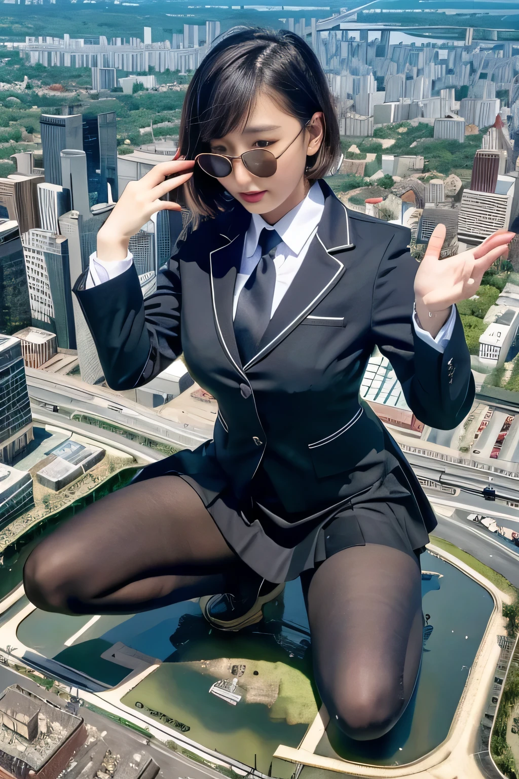 giantess art, a hyperrealistic schoolgirl, 非常に詳細なder rieseショット, der riese, Shorthair, Black pantyhose, gigantic schoolgirl、&#39;tome&#39;It&#39;s much bigger than a skyscraper, Wearing rimless glasses, Colossal tits, Navy blue blazer, Red tie, Mini Length Skirt, Black pantyhose, I'm not wearing shoes., very small metropolis, miniature metropolis, 足元までの高さしかないminiature metropolisで、squatting and urinating, The city is a sea of urine, tsunami of urine, Small trains and cars washed away with urine., Full body depiction, nffsw, giga giants, Black pantyhose, Pantyhose legs, Pantyhose legs, ,Stomping City,crash city,Small town,micro city, Peeing,