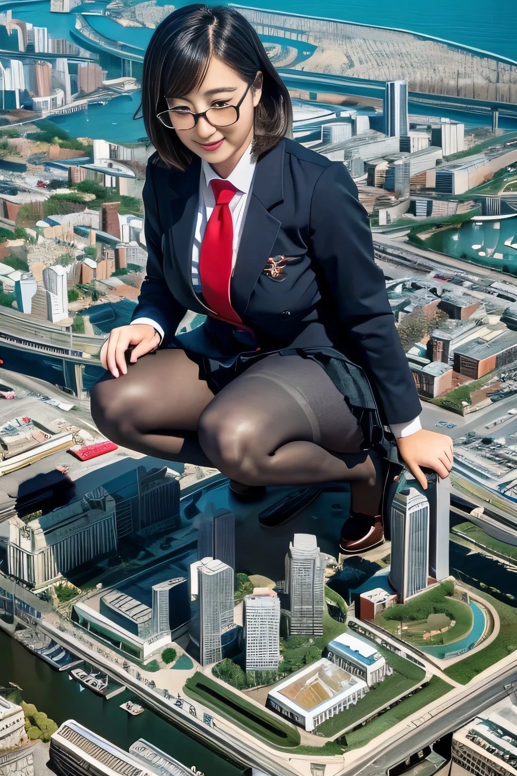 giantess art, a hyperrealistic schoolgirl, 非常に詳細なder rieseショット, der riese, Shorthair, Black pantyhose, gigantic schoolgirl、&#39;tome&#39;It&#39;s much bigger than a skyscraper, Wearing rimless glasses, Colossal tits, Navy blue blazer, Red tie, Mini Length Skirt, Black pantyhose, I'm not wearing shoes., very small metropolis, miniature metropolis, 足元までの高さしかないminiature metropolisで、squatting and urinating, The city is a sea of urine, tsunami of urine, Small trains and cars washed away with urine., Full body depiction, nffsw, giga giants, Black pantyhose, Pantyhose legs, Pantyhose legs, ,Stomping City,crash city,Small town,micro city, Peeing,