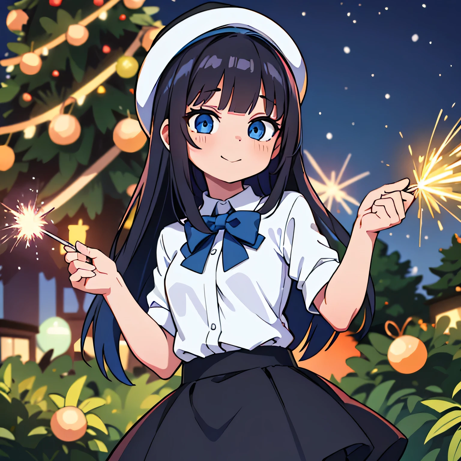 (ultra bright color, masterpiece, best quality, bloom, warm soft light, modern, hi-tech), 1girl, solo,in a New Year's hat , with sparklers In one hand, (New Year background behind the Christmas tree 2024), white shirt, (black skirt) ,white stockingeautiful , beautiful detailed face, light smile, (black blue) medium hair, (detailed (blue) ruby eyes), sitrom side:0.8, young, small breasts