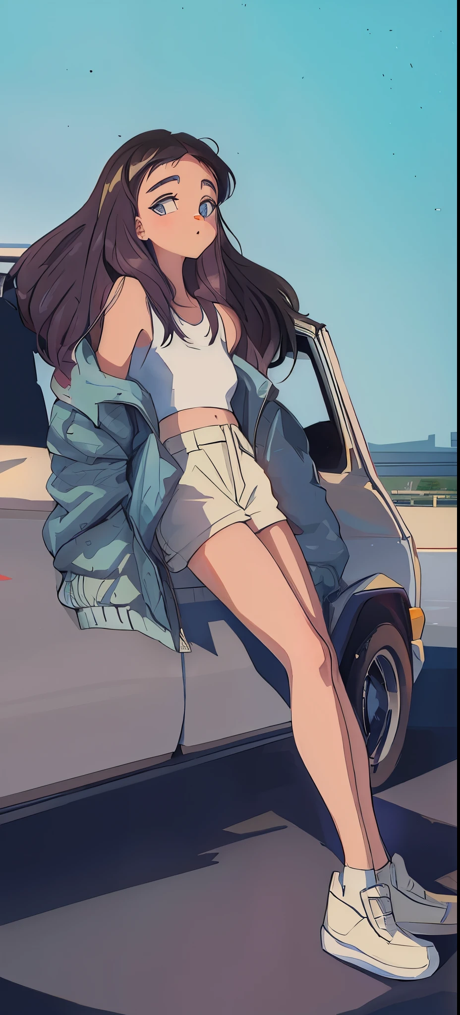 Anime girl sitting cross-legged in the car, lofi-girl, Illustration style, Loepfe Art Style, 1980s anime art style, 8 0 年代anime vibes, alayna enami style, 数码Illustration style, anime vibes, 90s anime art style, lo-fi Illustration style, 1990s animation aesthetic