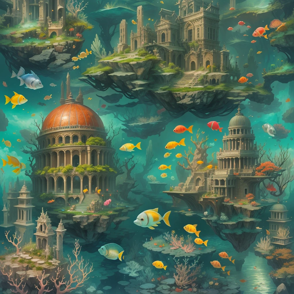 oil painted,the ocean,under the watenciful,magia,mistic,(Ancient city ruins embraced by seaweed),aquatic planteautiful coral reef,Colorful fish swimming,clear visibility,Ethereal atmosphere,Marble statue of mermaid、Whispering Shell、glowing jellyfish、ancient symbols and words、惊人的美丽和古老的magia,Uncover the mysteries of the underwater world