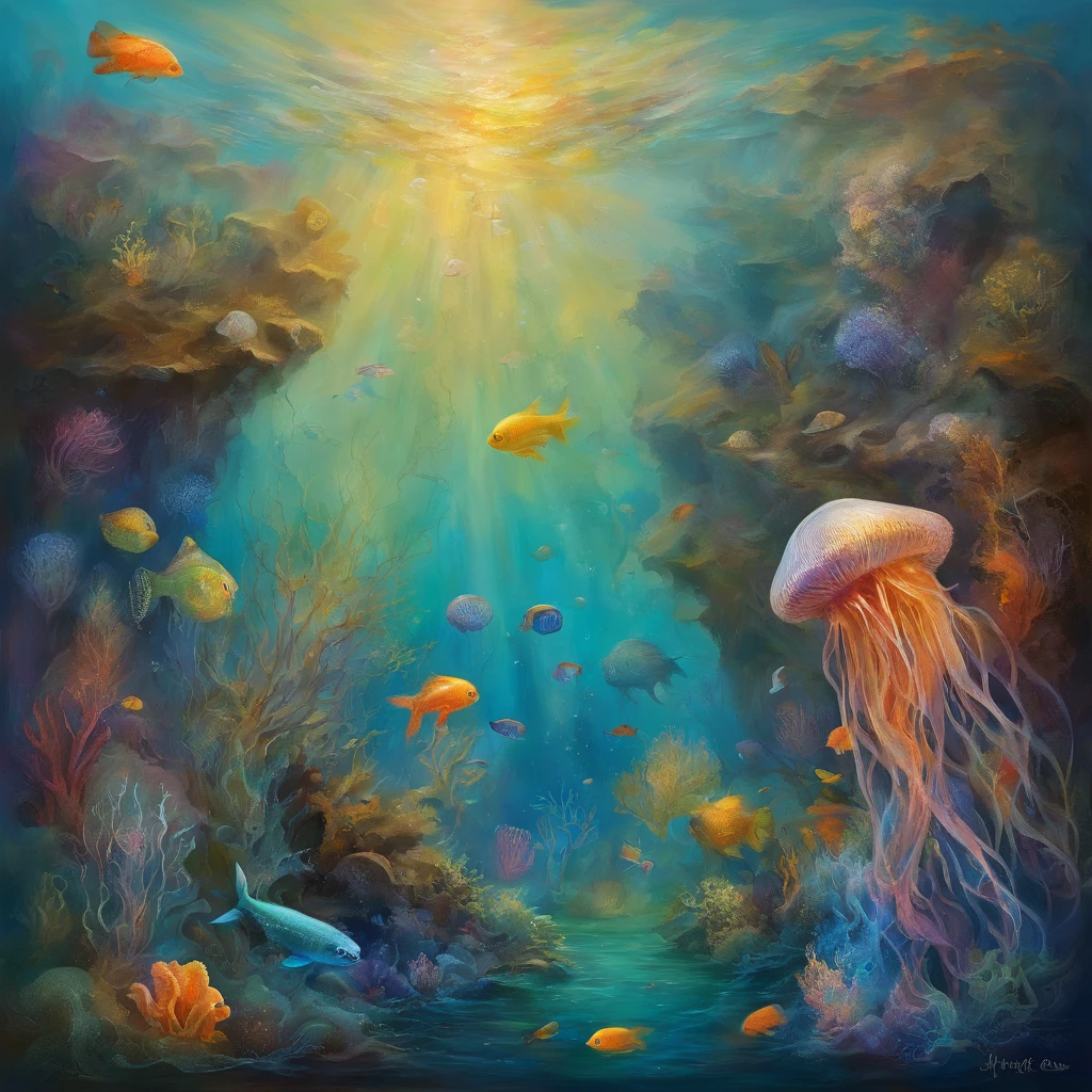 oil painted，the ocean，under the watenciful，magia，mistic，(Ancient city ruins embraced by seaweed)，aquatic planteautiful coral reef，Colorful fish swimming，clear visibility，Ethereal atmosphere，Marble statue of mermaid、Whispering Shell、glowing jellyfish、ancient symbols and words、惊人的美丽和古老的magia，Uncover the mysteries of the underwater world