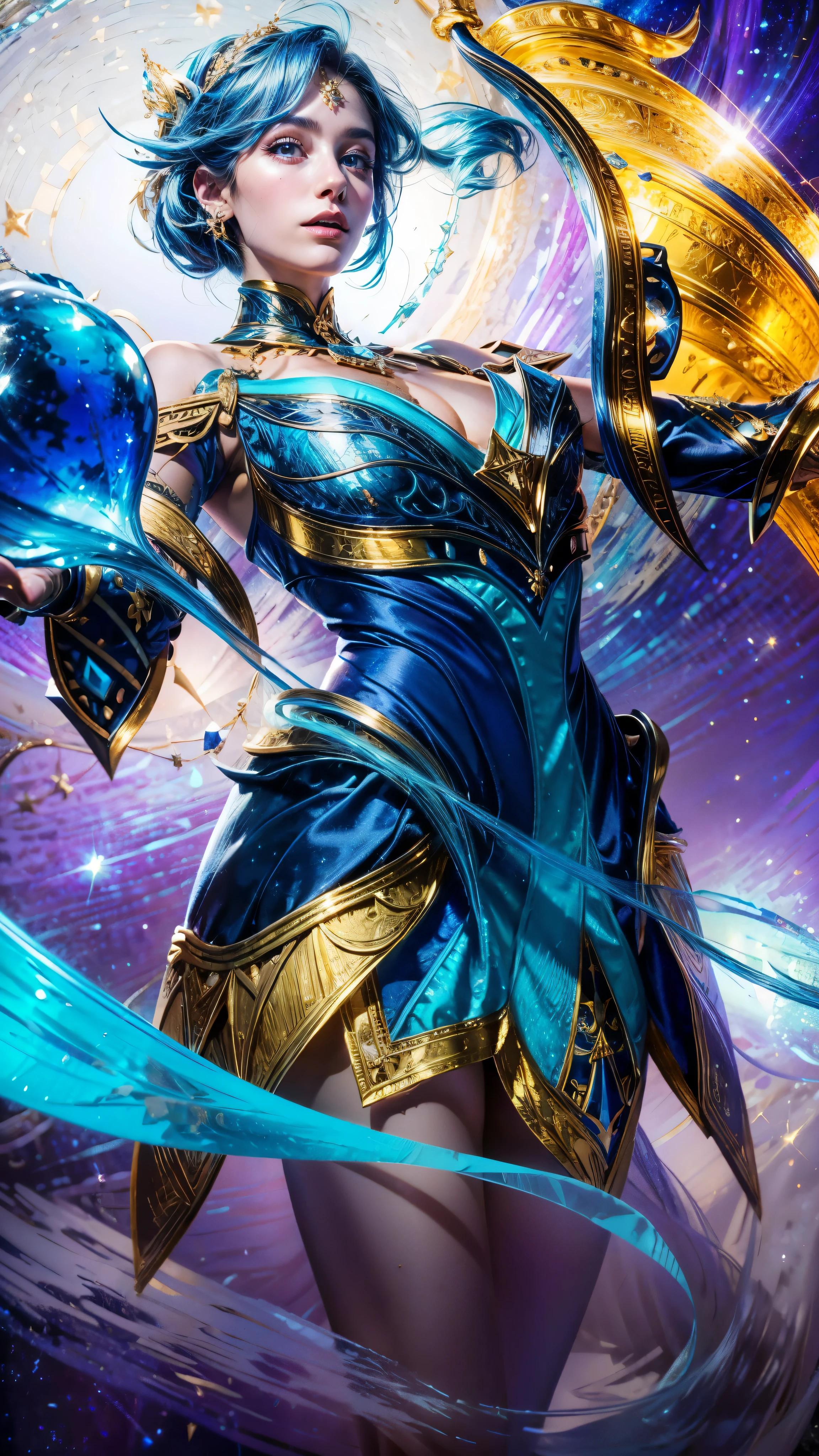 (best quality,4k,8k,highres,masterpiece:1.2),ultra-detailed,(realistic,photorealistic,photo-realistic:1.37),Libra astrologer,luminous personality,beautiful detailed eyes,dark blue hair flowing,-blue dress,amazing detailed features,,enchanted atmosphere,perfect balance of light and shadow,vibrant colors,star-filled night sky,celestial patterns,celestial symbols,captivating gaze,heroic pose,graceful movement,ethereal beauty,elegant and regal,astrological elements,glowing crystals and stars,jewelry that sparkles,