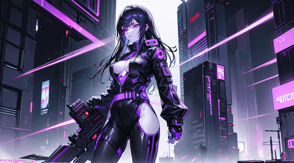 a handsome female, Anti-hero in black and purple uniform, Katana laser sword in hand, White Skin Skin, Long black hair, Portrait, (((Cyberpunk City in the background))), Soft bokeh of a futuristic city, trend in artstation, trend in CGSociety, Intricate, high detail, sharp-focus,bokeh in the background
