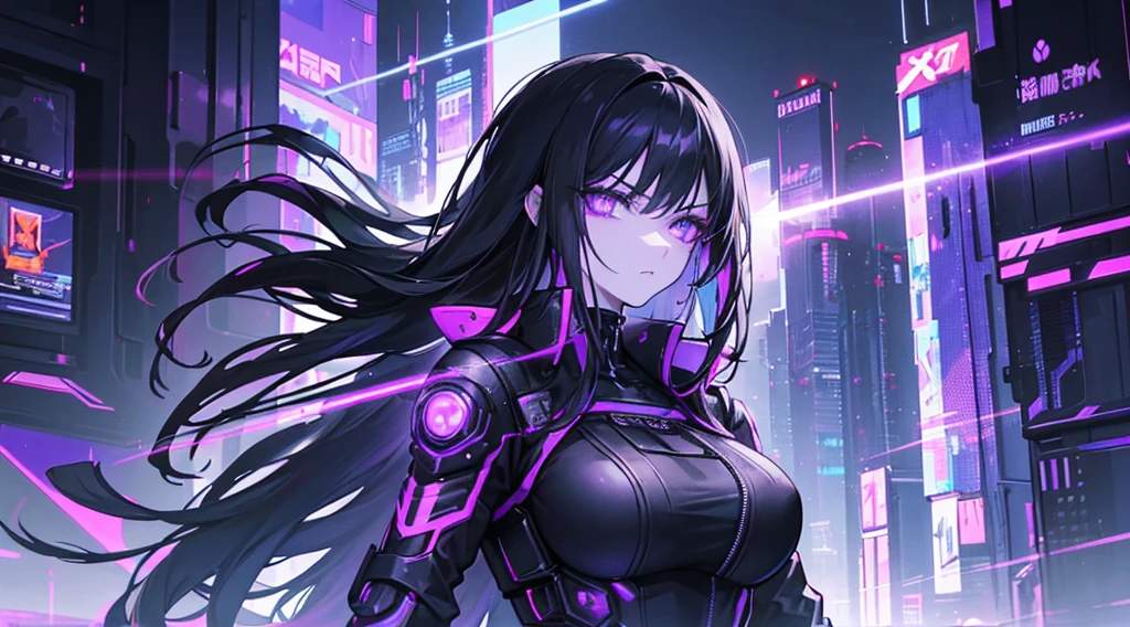 a handsome female, Anti-hero in black and purple uniform, Katana laser sword in hand, White Skin Skin, Long black hair, Portrait, (((Cyberpunk City in the background))), Soft bokeh of a futuristic city, trend in artstation, trend in CGSociety, Intricate, high detail, sharp-focus,bokeh in the background