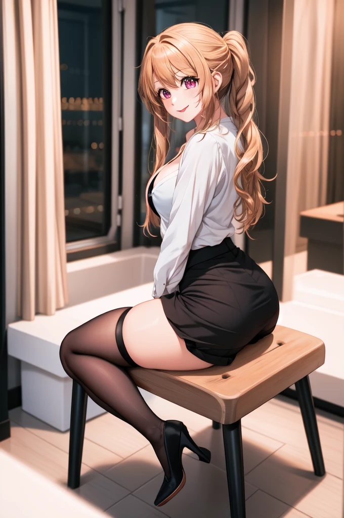 anime, beautiful face, highly detailed face, 2 accurate legs detailed eyes, highly detailed background, perfect lighting, accurate arms, accurate hands, accurate fingers, full body, 1girl, solo, ruby hoshino, oshi no ko, indoors, detailed heels, black detailed thighhighs, indoors, in the office, absurdres, high res, ultrasharp, 8K, masterpiece, looking at viewer, (full body:1.4), smiling with compassion, teasing smile, tounge out, tight skirt, office uniform, unbuttoned shirt, detailed shirt, cleavage, sitting on a chair at a desk, view from behind, ass view, looking over her shoulders,