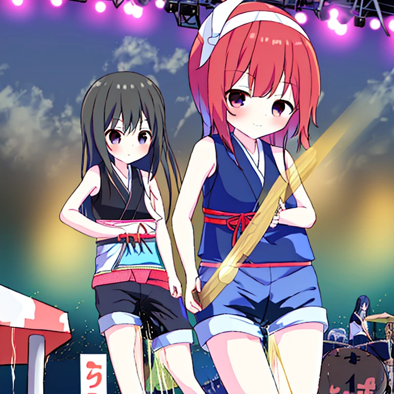 Girls,play Japanese drums,On stage,Festival Venue,The costume is a white sleeveless T-shirt.,Blue shorts,Hachimaki,The stage is red and white striped,audience,Futomo,,summer day,Outdoor stage,to stand,hold the hem with your hands,peeing herself,Omorashi,Seen by everyone,Emphasis on embarrassment,spill liquid from crotch、red blush