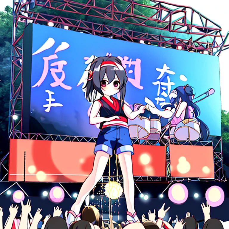 Girls,play Japanese drums,On stage,Festival Venue,Outfit: black sleeveless T-shirt,Blue shorts,Hachimaki,The stage is red and white striped,audience,Futomo,,summer day,Outdoor stage,to stand,hold the hem with your hands,peeing herself,Omorashi,Seen by everyone,Emphasis on embarrassment,spill liquid from crotch
