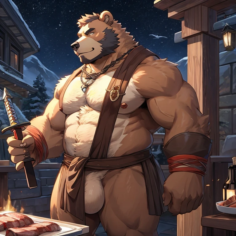 A bear man，Hand sword，Meat balls，Less clothes，Detailed character details