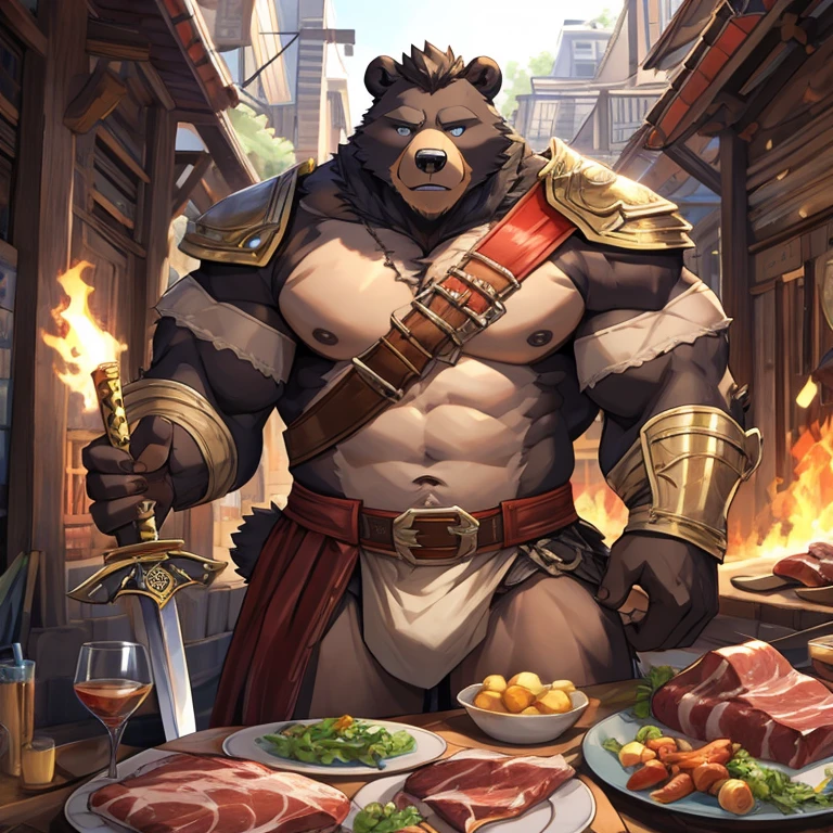 A bear man，Hand sword，Meat balls，Less clothes，Detailed character details