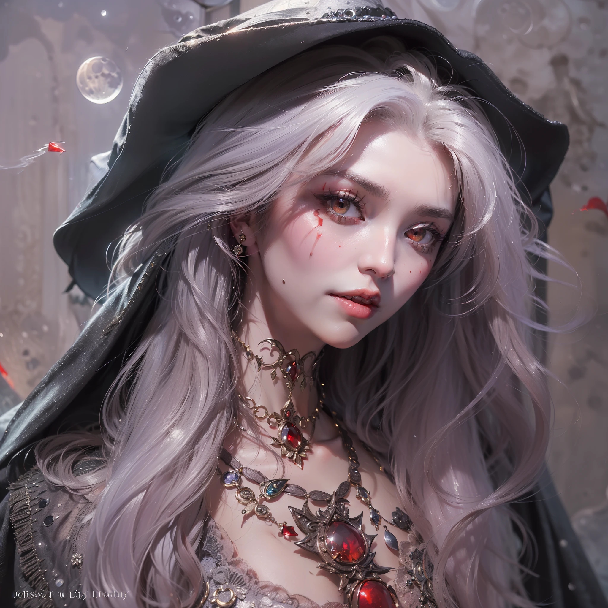 (number々Award-winning masterpieces of, with incredible detail, textures and maximum detail), (hyper Realistic:1.4), (Realistic:1.3), (Upper Body Up:0.2), (Full body image:1.9), ((medieval world)), (Top quality authentic texture、skinny perfect beautiful fingers:1.8), (Beautiful vampire high-ranking wizard: 1.7), (A high-ranking vampire wizard who unleashes magic from his fingertips: 1.9), (A bewitching smile on the corner of your mouth:1.2), (Smile happily with mouth wide open:1.2), (2 thick and long bloodsucking dogs: 1.7), (a captivating gaze: 1.9), (precise, Perfect circle, beautiful symmetrical eye, and a detailed and beautiful face:1.6), (Wearing a wizard's black hat: 1.6), (Jet black cloak with delicate decoration: 1.6), (Dresses with delicate decorations, although it is damaged and Faded: 1.8), (Fine perfectly symmetrical eyes), (Image of an aesthetic and decadent atmosphere: 1.6), (fair but beautiful skin and face,,: 1.6), (Wears a lot of decadent and delicately made accessories: 1.8), (A magic circle that glows strongly: 1.3), (Bioluminescent bright red eyes: 1.7), (Fallen Beauty: 1.6), (A pair of red eyes with strong red light emitting from within:1.7), (Elegant and luxuriously crafted accessories:1.8), (Less skin exposure:1.5), (Strong moonlight coming in from outside: 1.7), ((dramatic photography)), ((Cinematic light)), (full-length portrait:1.8), (looks up), (Looking down), (dramatic pose), (Smoke effect and bewitching light:1.4), Beautiful white hair, Beautiful silver hair, Beautiful blonde hair, Wind-effect, (Purple smoke in the air: 1.3), Ruins of an old castle, One Li Catacombs, (The Witch's Messy Room: 1.6), ((a dark night, Full Moon Night, New Moon Night)), epic Realistic, Faded, ((Neutral colors)), Art Book, (nffsw:1.5), (Muted colors:1.2), Hyper Detailed, (Art Book station:1.5), Cinematic, Warm lights, light effect, Dramatic light, (Intricate details:1.1), Complex background, (Greg Rutkowski:0.8), (teal and orange:0.4),