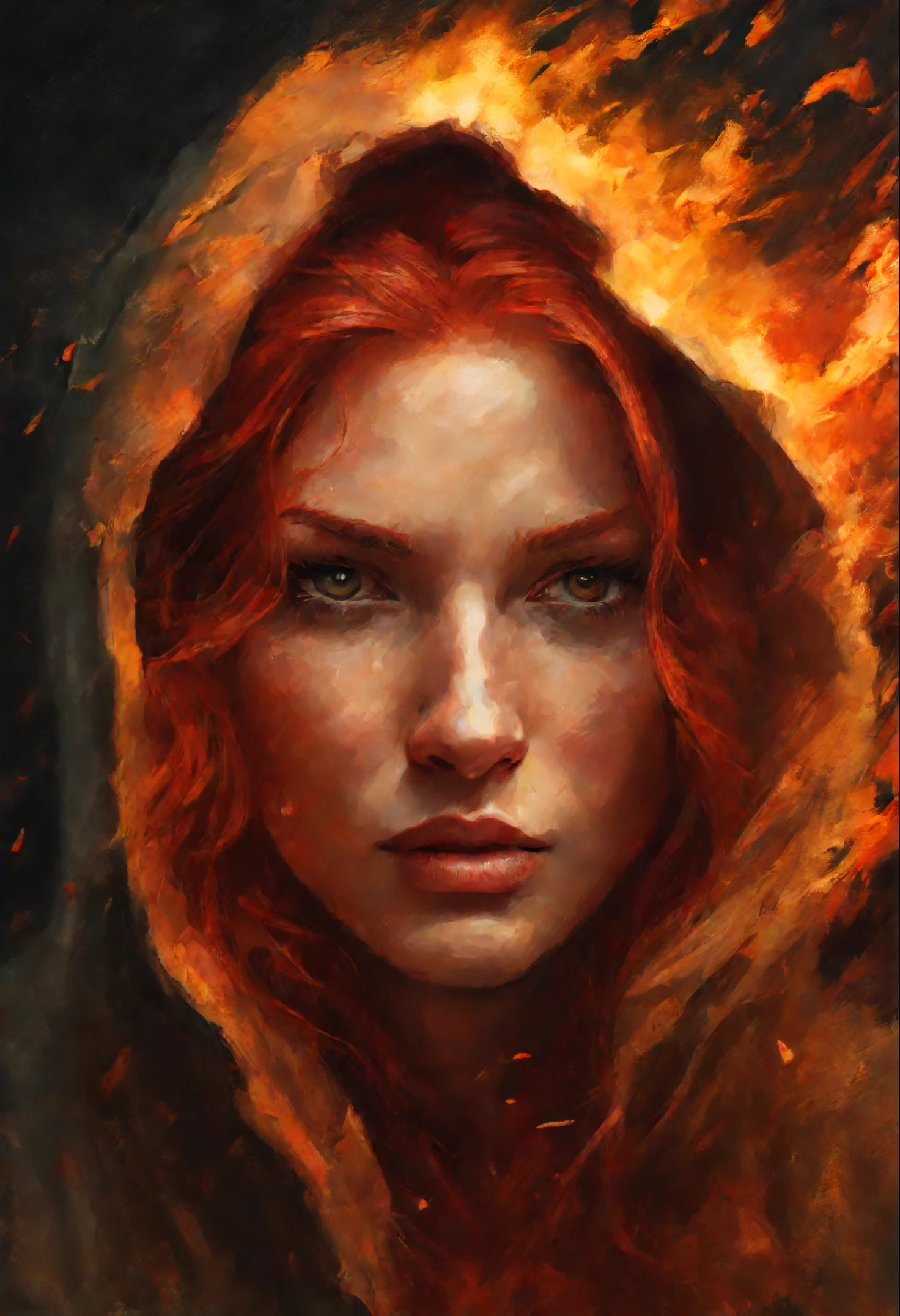 Painting of a woman with red hair and a hoodie, fire, scratch on face, beautiful character painting, red haired goddess, graphic artist magali villeneuve, alena aenami and artgerm, fantasy concept art portrait, female redhead templar, Artgerm Craig Mullins, charlie bowater character art, magali villeneuve', charlie bowater rich deep colors, gorgeous digital painting