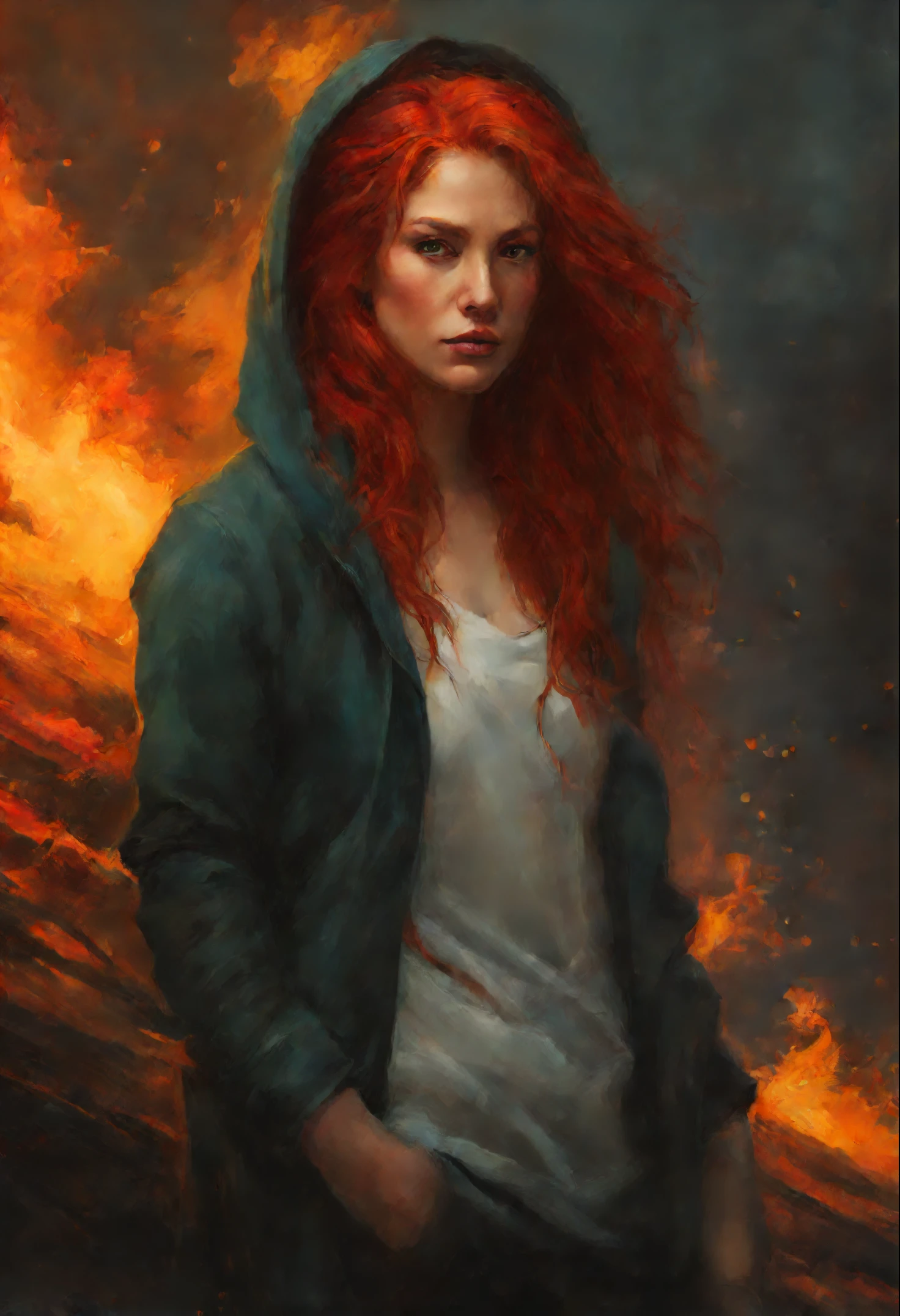 Painting of a woman with red hair and a hoodie, fire, scratch on face, beautiful character painting, red haired goddess, graphic artist magali villeneuve, alena aenami and artgerm, fantasy concept art portrait, female redhead templar, Artgerm Craig Mullins, charlie bowater character art, magali villeneuve', charlie bowater rich deep colors, gorgeous digital painting