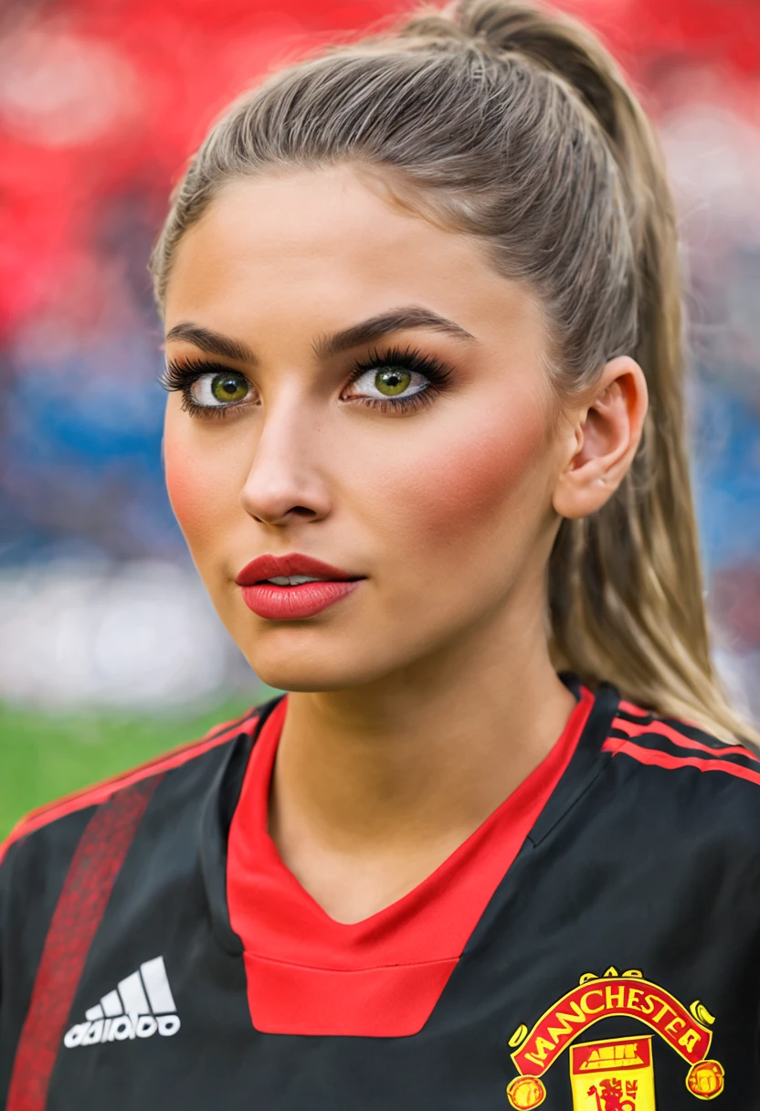 An extremely realistic, 8K masterpiece of a European beauty wearing a Manchester United jersey at a stadium. The girl has beautiful, detailed eyes, lips, and face, with long eyelashes. She stands confidently on the field, capturing the energy and atmosphere of the sports arena. The stadium is filled with enthusiastic fans, cheering and waving flags. The vibrant green grass is perfectly manicured, adding to the authenticity of the scene. The artwork showcases the medium of hyperrealistic painting, with ultra-detailed brushstrokes and vivid colors. The lighting highlights the girl's features and adds depth to the composition. The overall color palette is vibrant and energetic, with a focus on the red and white colors of the Manchester United jersey. The artwork captures the thrill and passion of sports, offering a captivating visual experience.