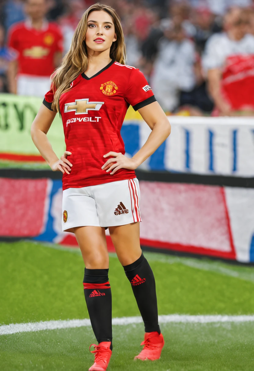 An extremely realistic, 8K masterpiece of a European beauty wearing a Manchester United jersey at a stadium. The girl has beautiful, detailed eyes, lips, and face, with long eyelashes. She stands confidently on the field, capturing the energy and atmosphere of the sports arena. The stadium is filled with enthusiastic fans, cheering and waving flags. The vibrant green grass is perfectly manicured, adding to the authenticity of the scene. The artwork showcases the medium of hyperrealistic painting, with ultra-detailed brushstrokes and vivid colors. The lighting highlights the girl's features and adds depth to the composition. The overall color palette is vibrant and energetic, with a focus on the red and white colors of the Manchester United jersey. The artwork captures the thrill and passion of sports, offering a captivating visual experience.