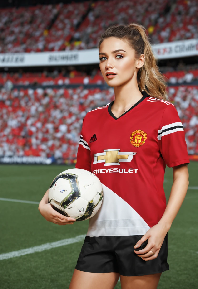 An extremely realistic, 8K masterpiece of a European beauty wearing a Manchester United jersey at a stadium. The girl has beautiful, detailed eyes, lips, and face, with long eyelashes. She stands confidently on the field, capturing the energy and atmosphere of the sports arena. The stadium is filled with enthusiastic fans, cheering and waving flags. The vibrant green grass is perfectly manicured, adding to the authenticity of the scene. The artwork showcases the medium of hyperrealistic painting, with ultra-detailed brushstrokes and vivid colors. The lighting highlights the girl's features and adds depth to the composition. The overall color palette is vibrant and energetic, with a focus on the red and white colors of the Manchester United jersey. The artwork captures the thrill and passion of sports, offering a captivating visual experience.