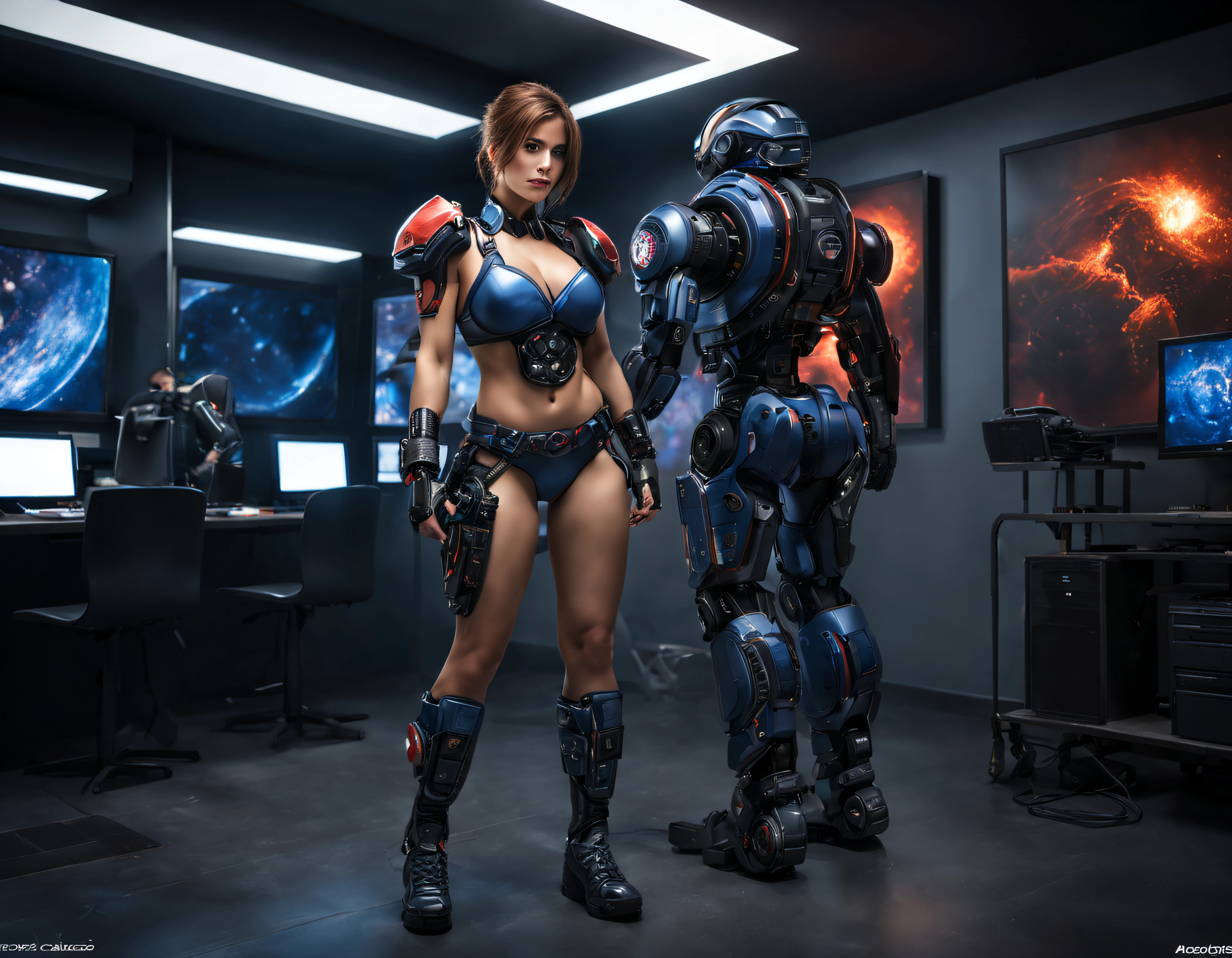 una joven bella,exuberante,i mponente, japonesa, musculos bien definidos, (cuerpo completo), con uniforme espacial sofisticado tecnologicamente,con toque de gears of war, sexy con minifaldas, se encuentra, en un amplio salon del centro de control de una spacecraft, con gran tecnologia instrumental, ordenadores, luces indicadoras led de diferentes colores, terminal de computadora, servidores de computadoras, pantallas lcd, algun robot sentado manejando estos ordenadores, y con un amplio ventanal donde se ve el espacio , estrellas , nebulosas, en un entorno de ciencia ficcion de primer nivel, ,todo lleno de imaginacion, ciencia ficcion y (intrincados detalles de la maquina).imagen fotorrealista, nitidez maxima, calidad 8k.(obra maestra de calidad superior).(renderizado 3d). ((obra maestra de superior calidad)).