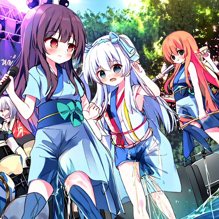 Girls,play Japanese drums,On stage,Festival Venue,The costume is a white sleeveless T-shirt.,Blue shorts,Hachimaki,The stage is red and white striped,audience,Futomo,,summer day,Outdoor stage,to stand,hold the hem with your hands,peeing herself,Omorashi,Seen by everyone,Emphasis on embarrassment,spill liquid from crotch、red blush