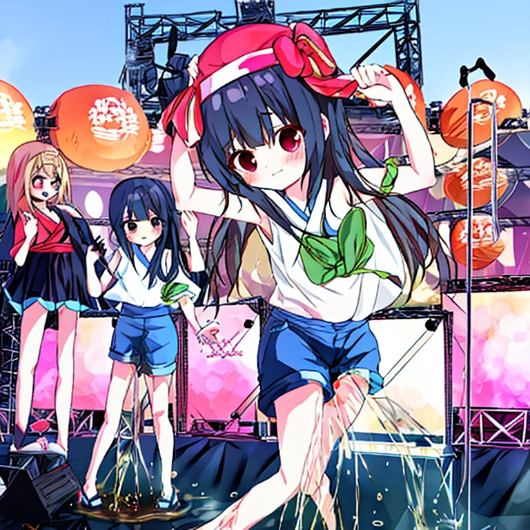 Girls,play Japanese drums,On stage,Festival Venue,The costume is a white sleeveless T-shirt.,Blue shorts,Hachimaki,The stage is red and white striped,audience,Futomo,,summer day,Outdoor stage,to stand,hold the hem with your hands,peeing herself,Omorashi,Seen by everyone,Emphasis on embarrassment,spill liquid from crotch、red blush