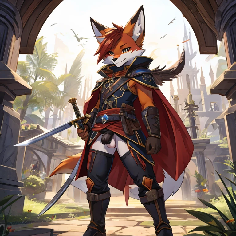 a vixen，Raise your sword，stroneat balls，Less clothes，Detailed character details