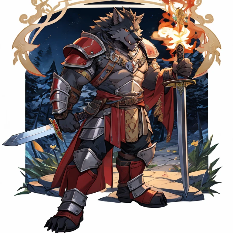 A werewolf，Raise your sword，Meat balls，Armor，Detailed character details