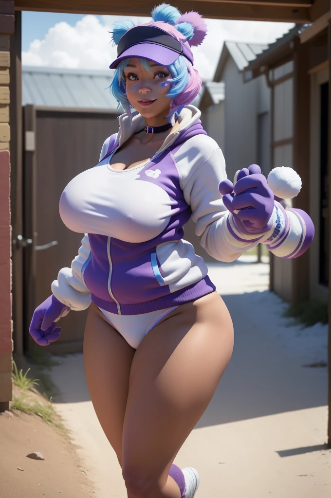 (8k, best quality, masterpiece:1.2), (realistic, photo-realistic:1.37), ultra-detailed, 1 girl,cute, solo, ,beautiful, leelah, , blue hair, pink hair, two-toned hair, multicored hair, hair bunlue eyes:1.5), bandaid, bandaid on face, , smiling,, full body view, , whole body shot, , , ????, choker, white swimsuit, ???????????, , purple hat, big thighs, thick thighs, , loose socks, leg warmers, shoes, busty