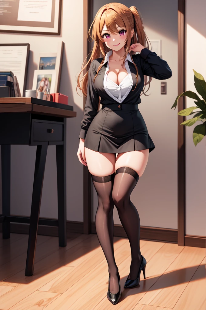 anime, beautiful face, highly detailed face, 2 accurate legs detailed eyes, highly detailed background, perfect lighting, accurate arms, accurate hands, accurate fingers, full body, 1girl, solo, ruby hoshino, oshi no ko, indoors, detailed heels, black detailed thighhighs, indoors, in the office, absurdres, high res, ultrasharp, 8K, masterpiece, looking at viewer, (full body:1.4), smiling with compassion, teasing smile, tight skirt, office uniform, unbuttoned shirt, detailed shirt, cleavage, standing, body facing away from viewer, ass view, view from behind, looking over her shoulder, bending over,