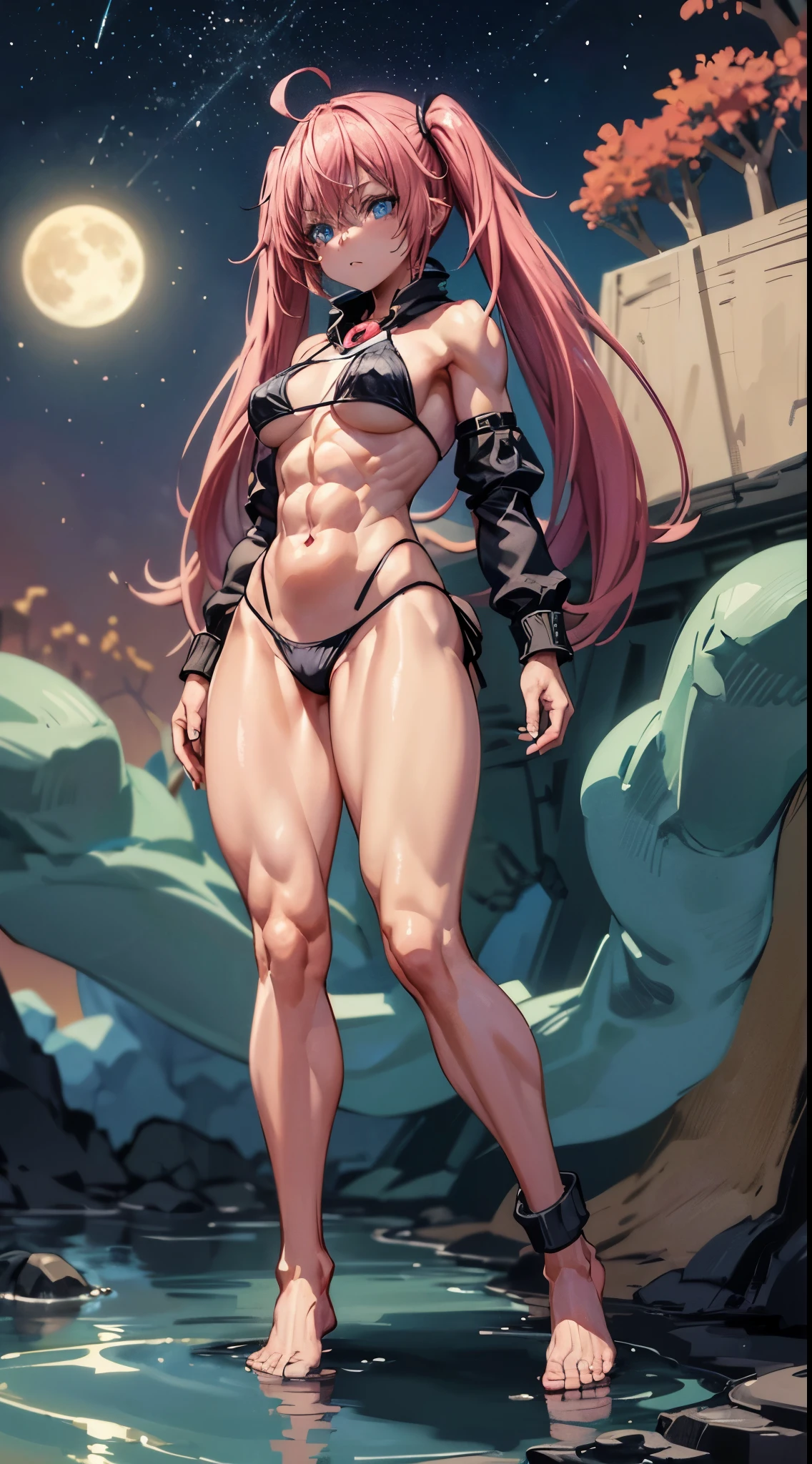 1 girl, (medium breasts))), (((wearing short bikini))), (long pink hair), (((blue eyes))), thin arms, (on the beach at night with starry sky and a full moon of blood), (slim waist), (((muscular legs))), muscular belly, bare feet, (((showing me your big ass))), (full body photo), (twintails), long eyes, eye flare, bad mood, anime, anime style, ray tracing, reflection, drop shadow, panorama, Sony FE, 8k, UDisk, masterpiece, accurate, anatomically correct, Super detail, best quality, ultra-high resolution, Hard Udisk, 16k