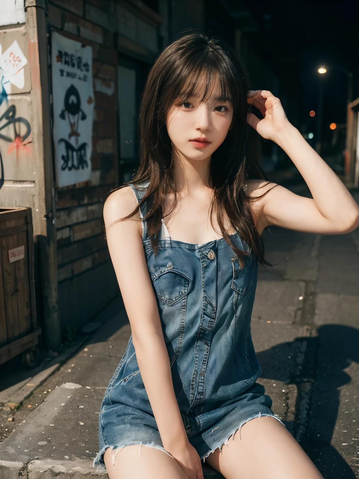 raw photo, 8k, (top-quality), Realistic, (real picture, Intricate details), (natural skin texture, detailed skin, hyper realism, sharpness), (Japanese female college student sitting on the stairs in a dirty back alley at night, graffitied wall:1.3, armpit exposed), ((wearing Denim micro Dress over naked, Distressed denim, Front Button dress, sleeveless, open front of dress)), (((Small chest:1.1))), Fair skin, ((shiny long hair, separate bangs)), (seductive face, Parted lips), thigh, graffiti:1.5, trash can, night time, spot lighting:1.3, Full body shot