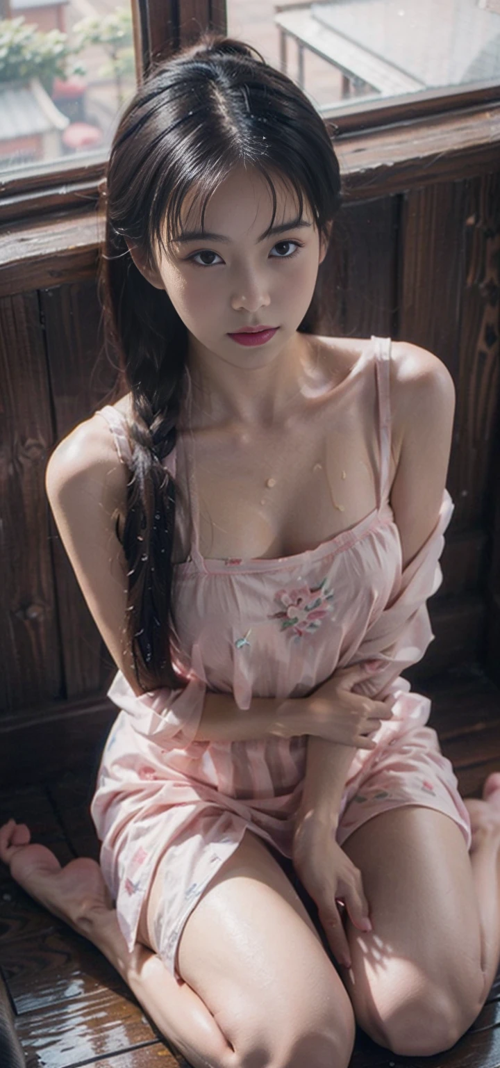 (From a straight above, bird's-eye perspective), 1girl, Realistic Chinese pretty teenage girl,-yepink colour Hanfu, erotic, small breast,greasy, knelt on the floor, eye gazing up to the camera, with sweat on body, sweat on breasts,wet body,wet chest,wet breasts, waiting for punishment, beside the window, holding breasts, holding chest