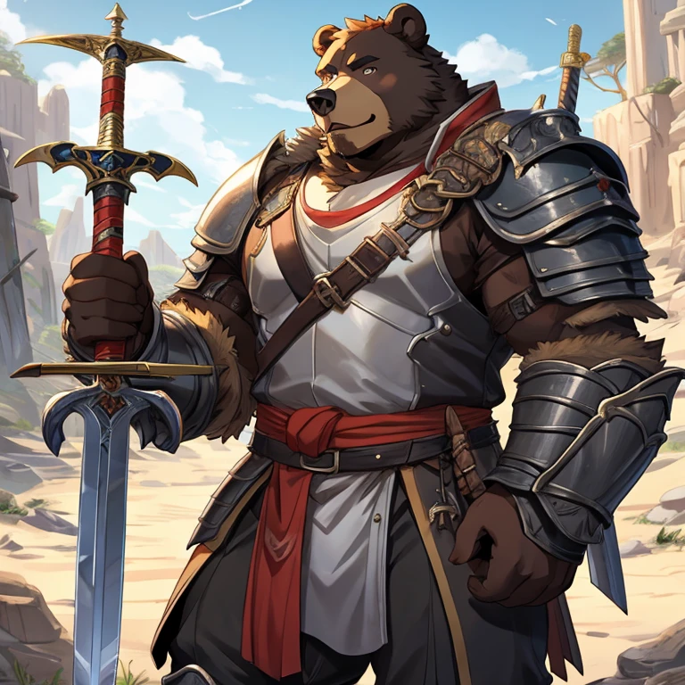 A bear man,Raise your sword,Meat balls,Armor,Detailed character details