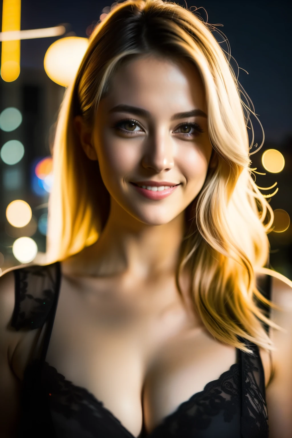 masutepiece, Best Quality, Photorealsitic, Portrait photo of young woman, jennyan, laught, beautiful blond hair, Facing the front, The background is a night view of the city, Back lighting, Cinematic, insane detail, intricate detailes, Highlight Lighting, foco nítido, Bokeh, Dramatic light, Neutral colors, huge-breasted