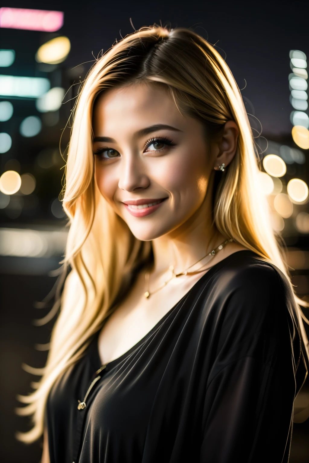 masutepiece, Best Quality, Photorealsitic, Portrait photo of young woman, Jenyan, laught, beautiful blond hair, The background is a night view of the city, Back lighting, Cinematic, insane detail, intricate detailes, Highlight Lighting, foco nítido, Bokeh, Dramatic light, Neutral colors, huge-breasted