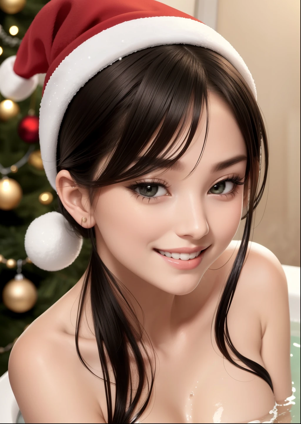 ,bathtub , smiling, cinematic, Christmas tree, Christmas hat,white and jewelry clothes , red green shiny cloths, full body, photography,show one tits without clothes ,photo 2D image, highly detailed, anime, smiling sweet, cute face, beautiful,on home night , black ponytail hair, black shiny hair, smile,close up portrait HD