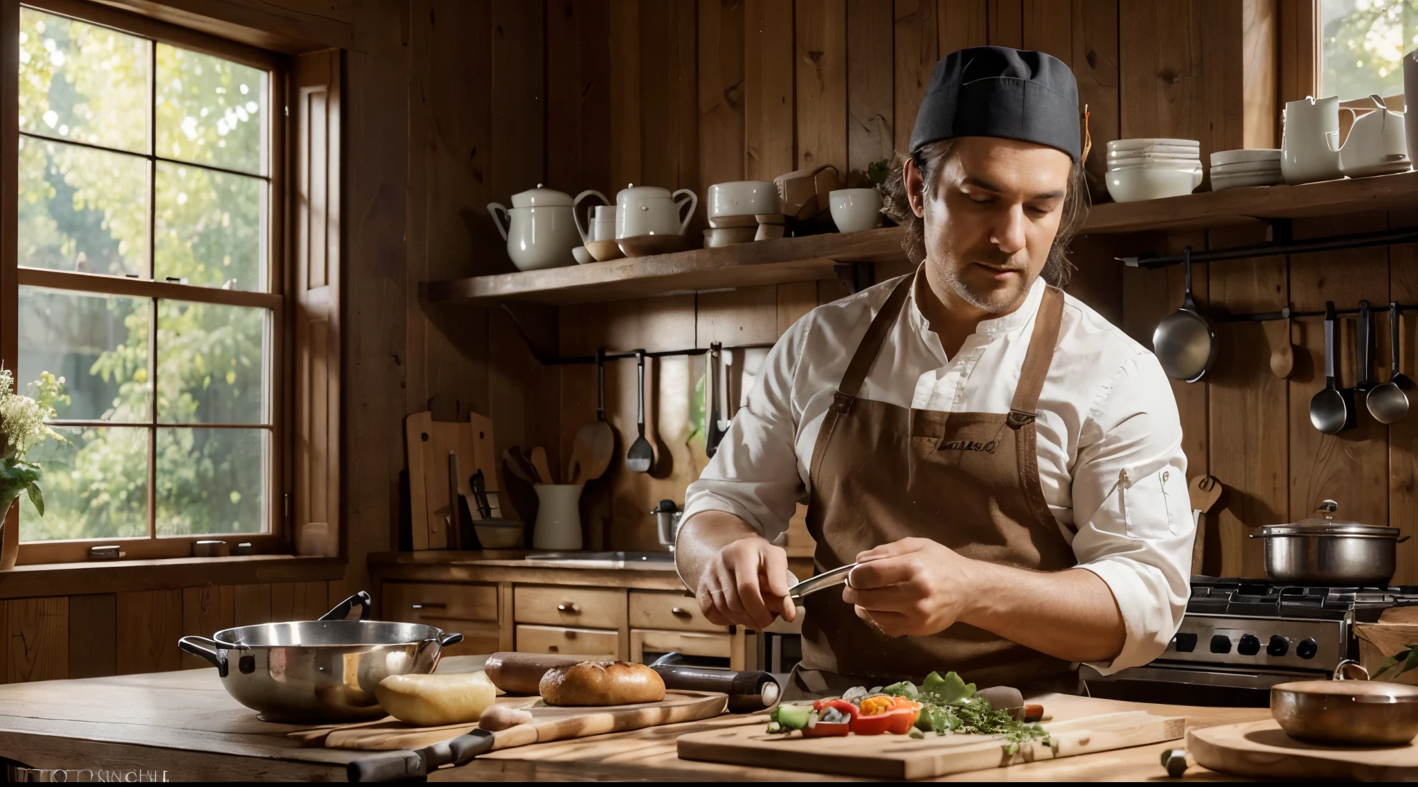 A Hungarian chef,cooking in a traditional way,hands confidently stirring a pot,filled with flavorful ingredients,a busy kitchen atmosphere,with pots and pans clattering,a white chef hat and a crisp apron,a mouthwatering aroma filling the air,dark wooden countertops and shelves stocked with spices and utensils,vibrant colors of fresh vegetables,detailed knife skills,cutting ingredients with precision,traditional Hungarian dishes,like goulash and langos,steaming hot plates,beautifully presented dishes,with garnishes and herbs,a mix of modern and rustic elements in the kitchen,exquisite plating techniques,creating edible works of art,(best quality,4k,8k,highres,masterpiece:1.2),ultra-detailed,(realistic,photorealistic,photo-realistic:1.37),HDR,UHD,studio lighting,ultra-fine painting,sharp focus,physically-based rendering,extreme detail description,professional,vivid colors,bokeh,portraits,landscape,photography,concept artists,warm and inviting color palette,natural light pouring in through windows,creating soft,ambient lighting to enhance the scene.