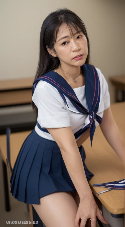 (Best Quality, hight resolution, Hires, Skin definition, Detailed skin, Detailed eyes, Detailed face, 4K, 日本人A MILF, (Solo), (((60 years old))), (Wrinkles at the corners of the eyes:1.7), (nasolabial folds:1.7), A MILF, glamor, A sexy, Chromo-white skin, (((Longhaire))), Looking at Viewer,(((my skin is old))), ((muscles are old)), ((Japanese Models)), 4K, 8K, (photoRealistic:1.5), Realistic, nffsw, Beautiful, Bimbo, (((makeup))), small diamond necklace, piercings, {(((white and navy sailor))), (((uniform))), (((a sailor suit))), (((neckerchief))), Navel is visible, (((Dark blue pleated skirt))),(micromini skirt)}, lowfers, thick thighs, big butts, wide hips, Curve, busty, Solo, Classroom, sit on desk, Spread legs, Full body photo