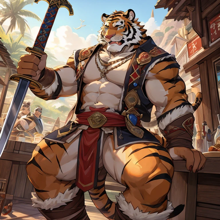 A tiger man，Raise your sword，Meat balls，Less clothes，Detailed character details