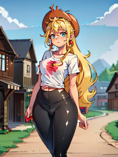 AppleJack, AppleJack from my little pony, AppleJack in the form of a girl, long hair, Wild hair, cowboy hat, apple earrings, on a farm with apple trees, steampunk style, a lot of magic, lightning nets, best quality, very detailed, ultra 8k resolution, (cum on clothes:1.5), , Cyberpunk. 1girl, female, sozinho, background with buildings far away, avenida, luzes vermelhas, Preto e branco (melhor qualidade), (realista,fotorrealista:1,37), (obra prima), linda garota, middlebreasts, top vermelho, black legging pants, (cum on leggings:1.4), blush, humiliated, nsfw