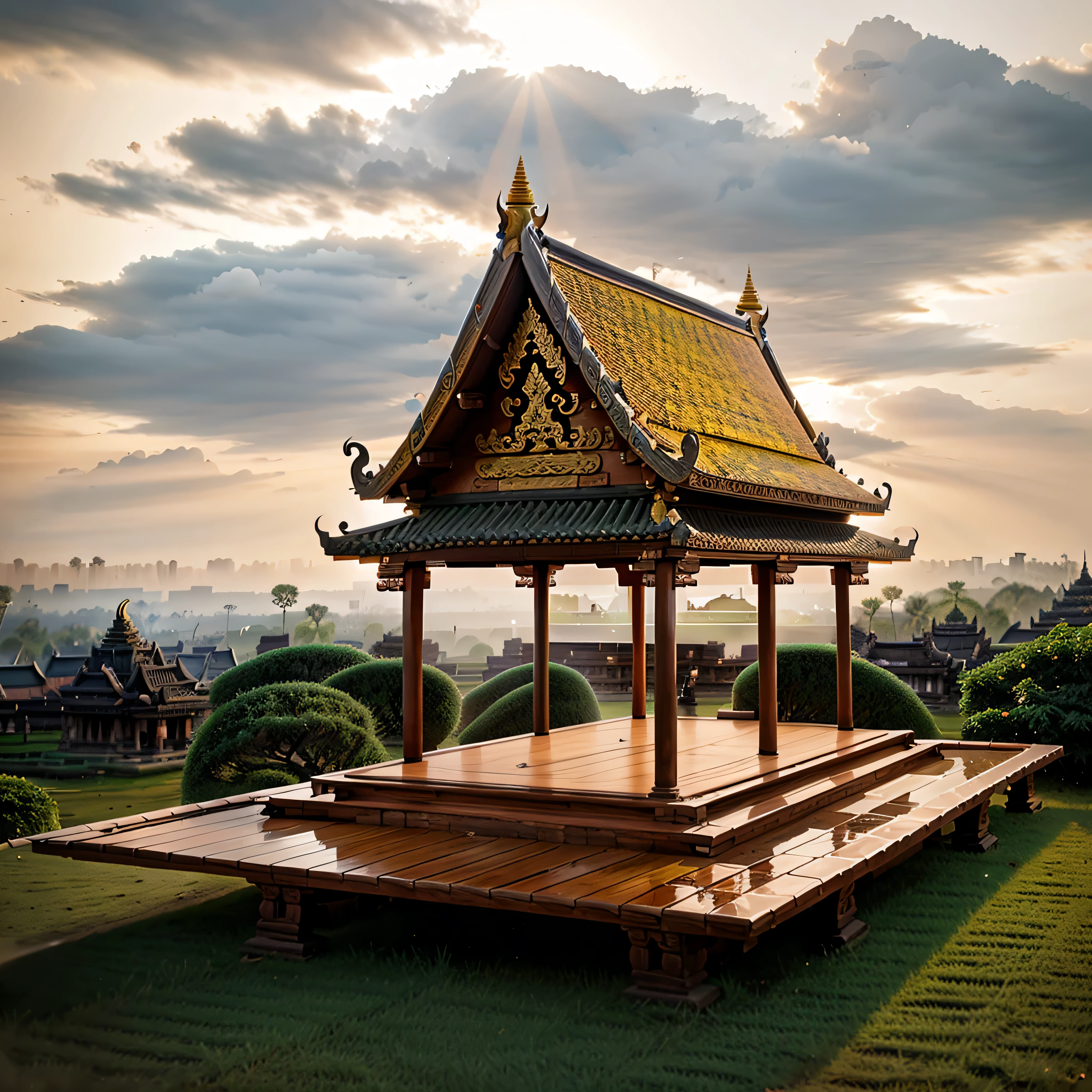 there is a small pavilion, khmer temple, khmer architecture, a temple, temple, digital painting of a pagoda, ancient temple, covered outdoor stage, highly detailed 2d render, color full is a background