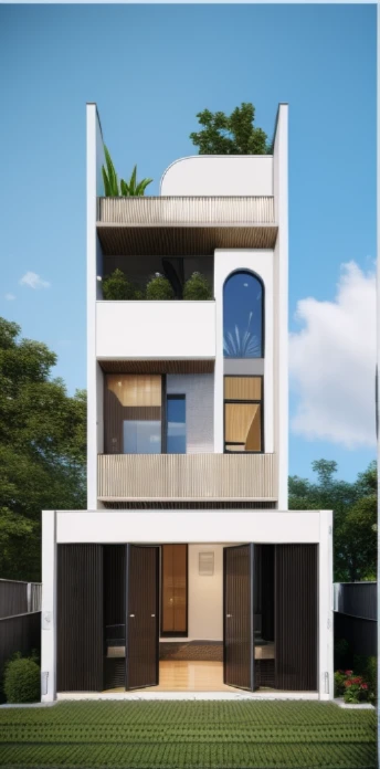 Exterior, morden house, main material about concrete, side wood, white, dynamic light, curve linear, warm light, dark light:1.3, dynamic light, shimering air