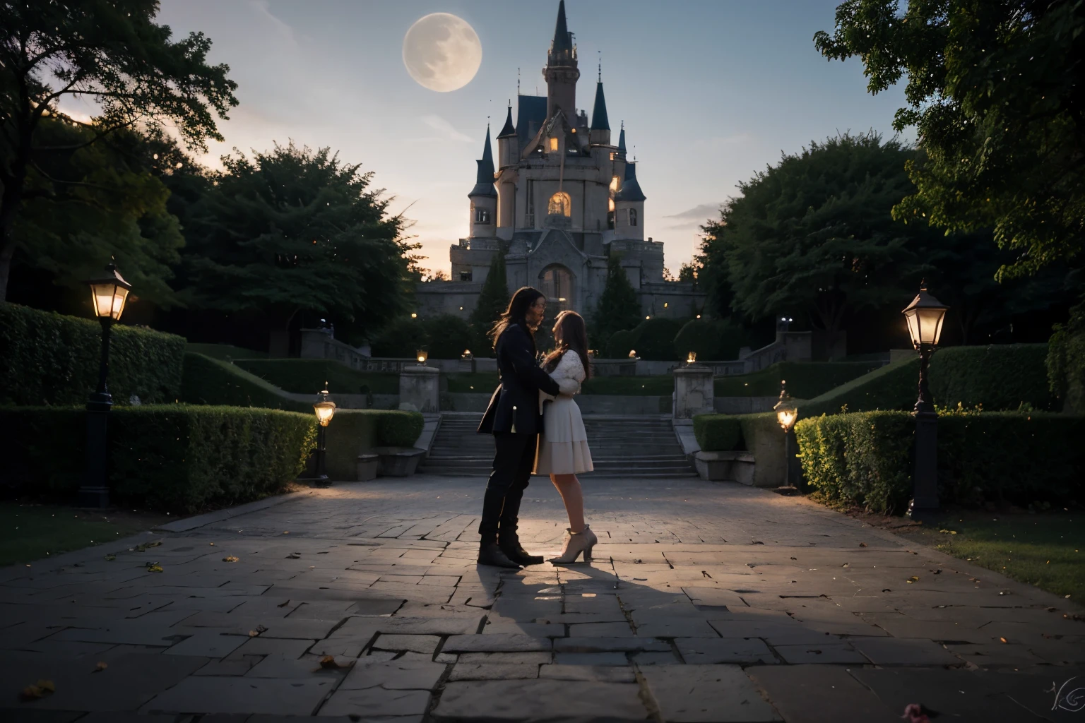 8K quality、Highest quality、Realistic, Male and female coupleの画像、Disneyland in the background、Angle from behind、Neon lights are beautiful、Arms crossed、Fashionable clothes、The man's clothing has fluorescent lettering on the back..、NORIO logo print for men'Clothing Bags、For women, The back of the garment is fluorescentAThe word SAMI is written there.、British punk rock style、Make the text on the back stand out、(((((Male and female couple)))))