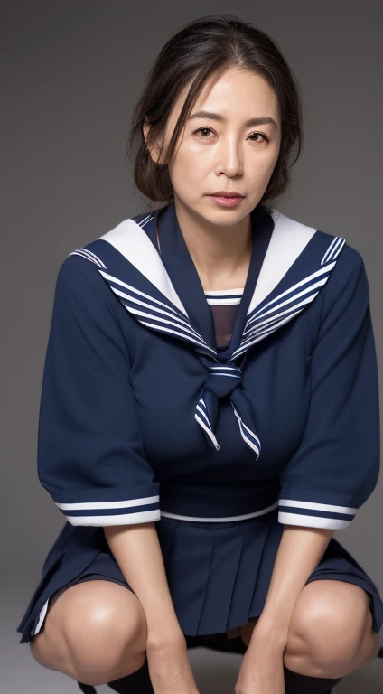 (Best Quality, hight resolution, Hires, Skin definition, Detailed skin, Detailed eyes, Detailed face, 4K, 日本人A MILF, (Solo), (((60 years old))), (Wrinkles at the corners of the eyes:1.7), (nasolabial folds:1.7), A MILF, glamor, A sexy, Chromo-white skin, (((Longhaire))), Looking at Viewer,(((my skin is old))), ((muscles are old)), ((Japanese Models)), 4K, 8K, (photoRealistic:1.5), Realistic, nffsw, Beautiful, Bimbo, (((makeup))), small diamond necklace, piercings, {(((white and navy sailor))), (((uniform))), (((a sailor suit))), (((neckerchief))), Navel is visible, (((Dark blue pleated skirt))),(micromini skirt)}, lowfers, thick thighs, big butts, wide hips, Curve, busty, Solo, Classroom, Spread legs, Squatting, Full body photo