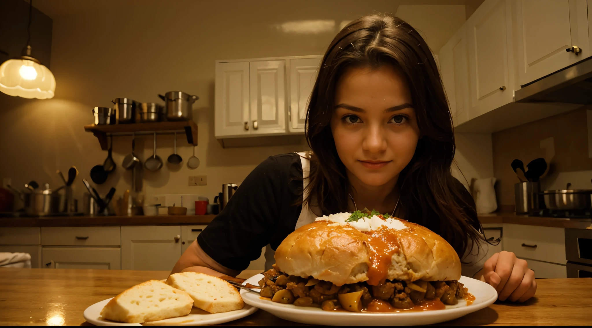 Hungarian chef, nice girl, goulash in the background